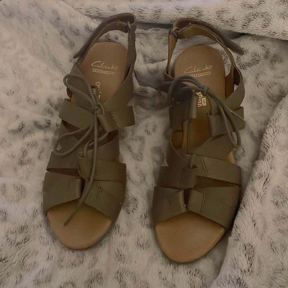 Gray wedge dress shoes. Made by Clarks. Worn once. Perfect condition.